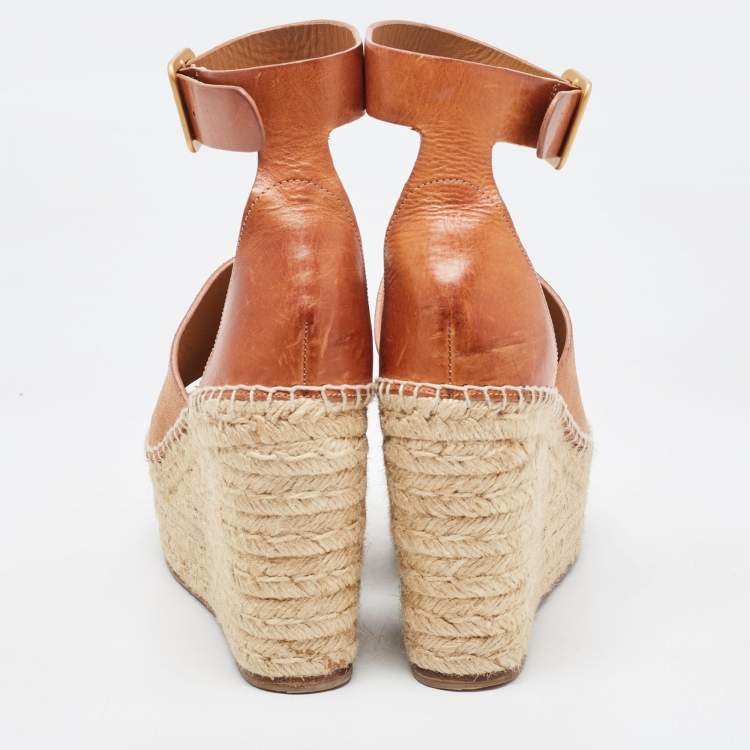 Pre Owned Chloe Tan Leather Wedge Platform Ankle Strap Sandals Size 39