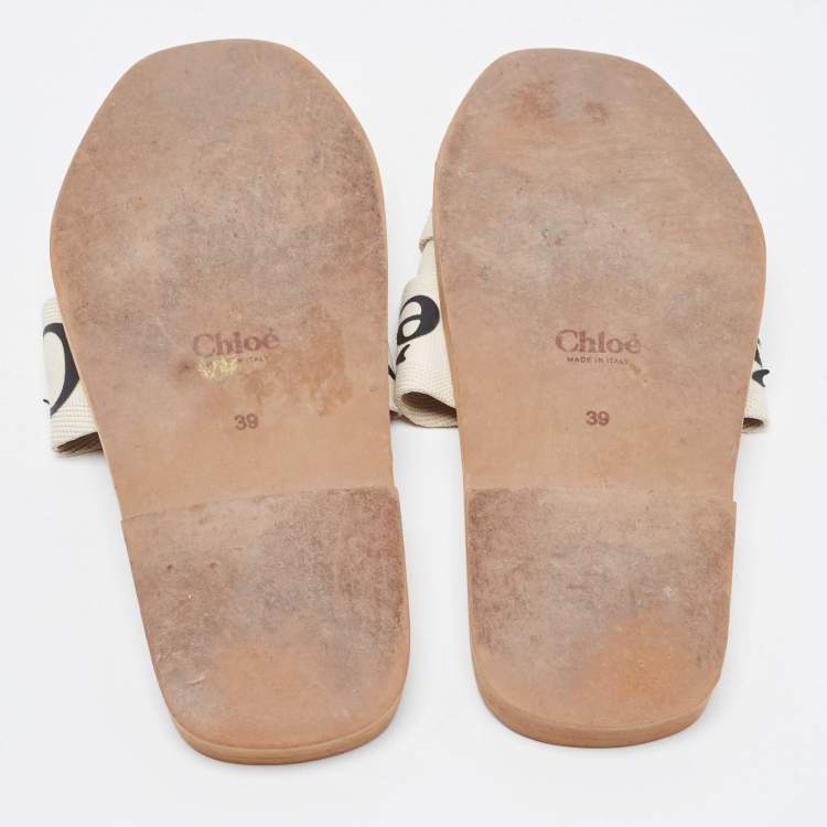 Pre Owned Chloe White Logo Canvas Woody Flat Slides Size 39