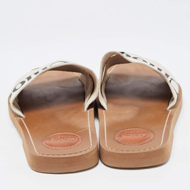Pre Owned Chloe White Logo Canvas Woody Flat Slides Size 39