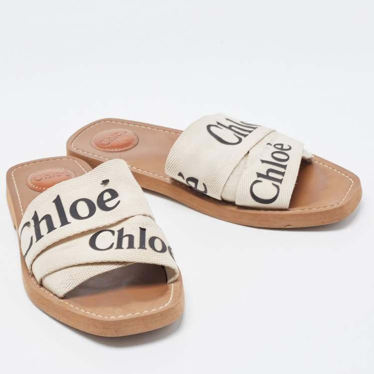 Pre Owned Chloe White Logo Canvas Woody Flat Slides Size 39