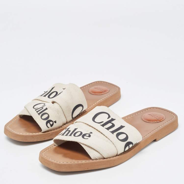 Pre Owned Chloe White Logo Canvas Woody Flat Slides Size 39