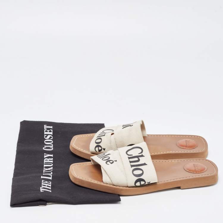 Pre Owned Chloe White Logo Canvas Woody Flat Slides Size 39