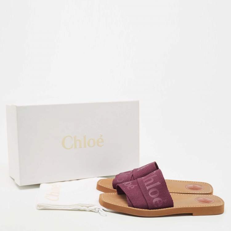 Pre Owned Chloe Burgundy Logo Canvas Woody Flat Slides Size 38
