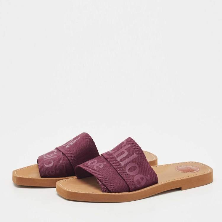 Pre Owned Chloe Burgundy Logo Canvas Woody Flat Slides Size 38