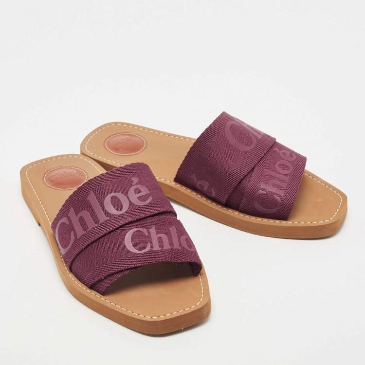 Pre Owned Chloe Burgundy Logo Canvas Woody Flat Slides Size 38