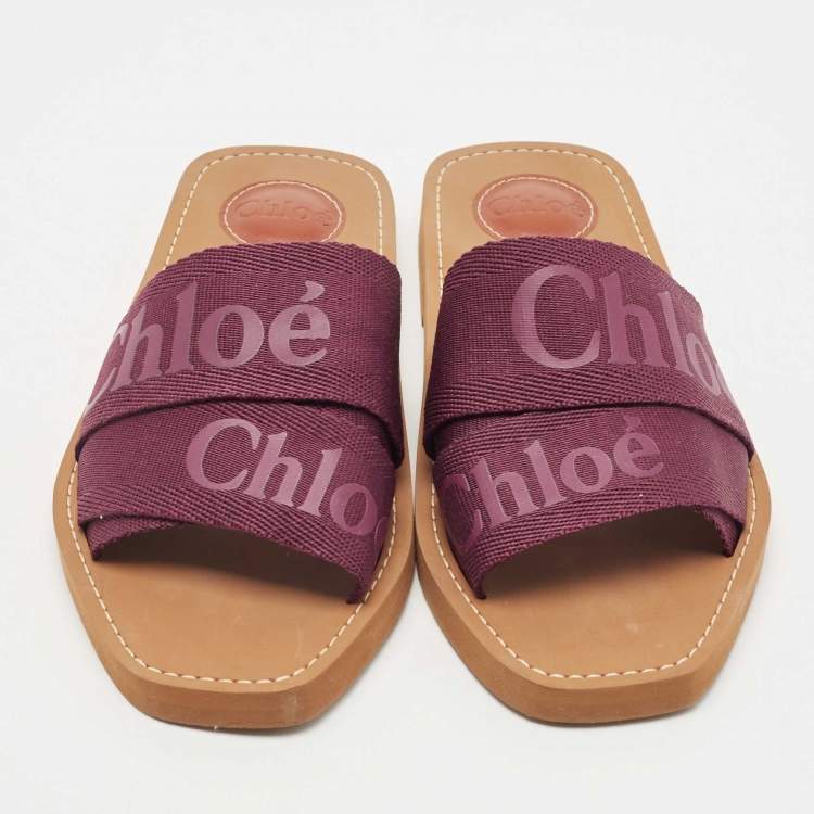 Pre Owned Chloe Burgundy Logo Canvas Woody Flat Slides Size 38