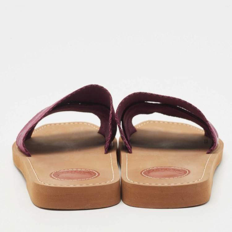 Pre Owned Chloe Burgundy Logo Canvas Woody Flat Slides Size 38