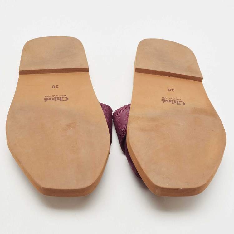 Pre Owned Chloe Burgundy Logo Canvas Woody Flat Slides Size 38