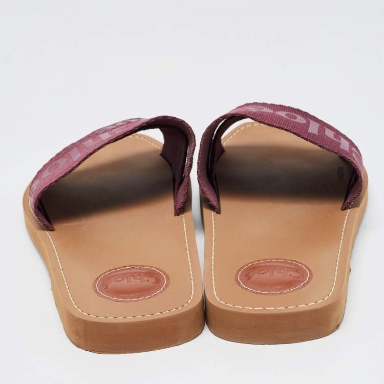 Pre Owned Chloe Burgundy Canvas Logo Woody Flat Slides Size 40