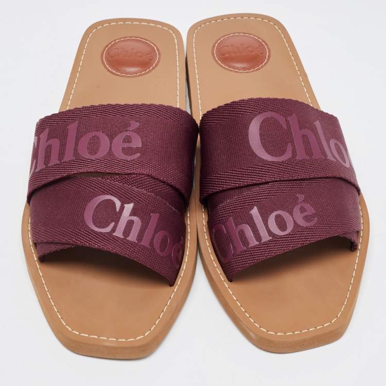 Pre Owned Chloe Burgundy Canvas Logo Woody Flat Slides Size 40