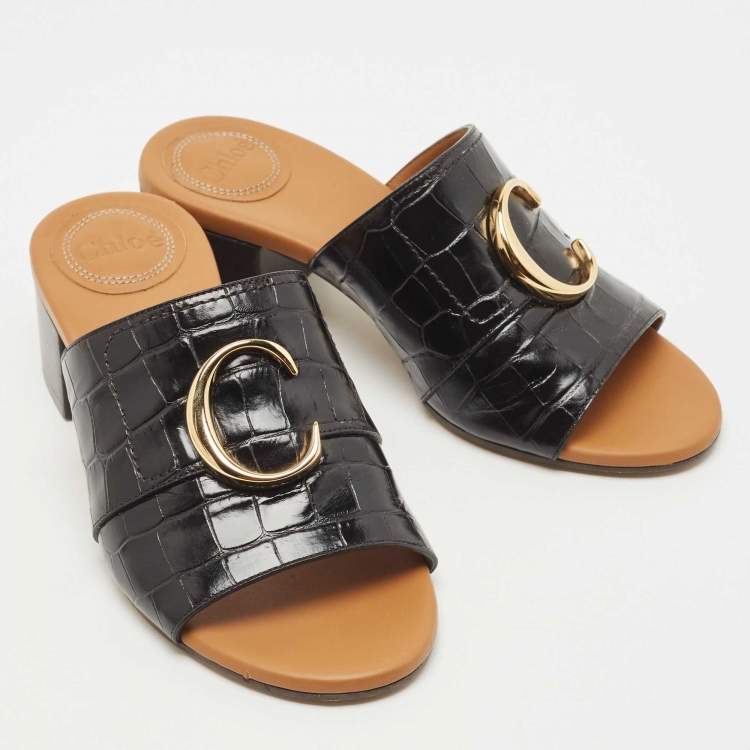 Pre Owned Chloe Black Croc Embossed Leather  C Logo Mules Size 37  