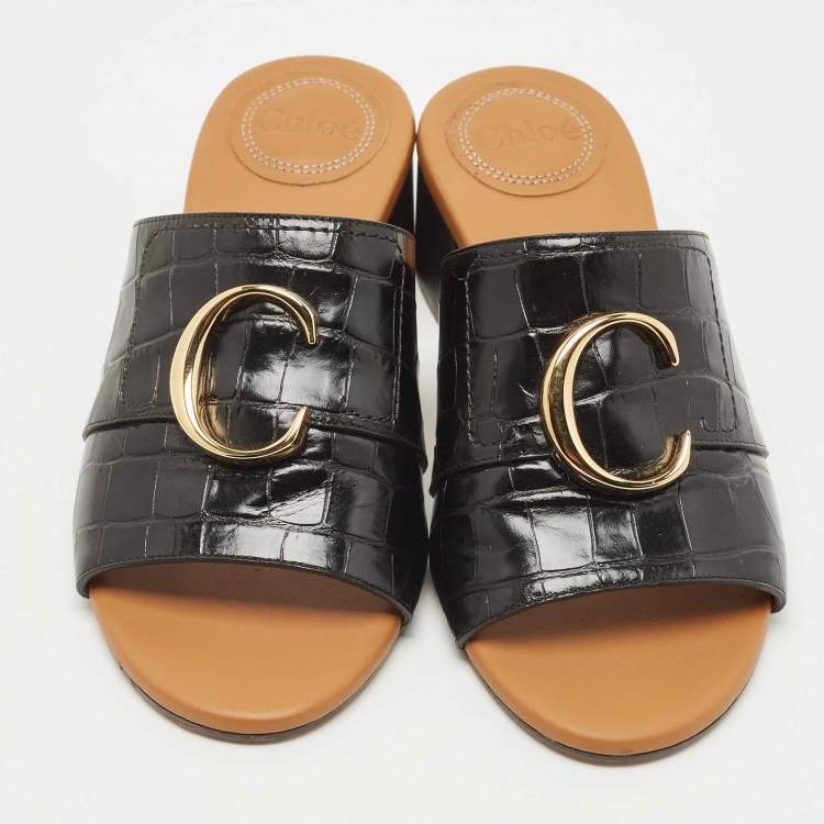 Pre Owned Chloe Black Croc Embossed Leather  C Logo Mules Size 37  