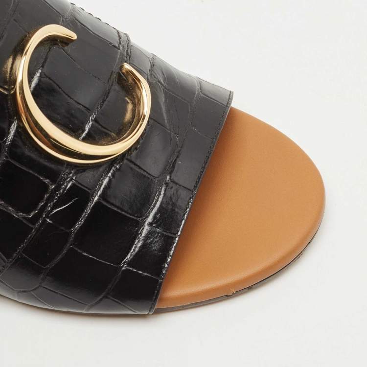 Pre Owned Chloe Black Croc Embossed Leather  C Logo Mules Size 37  