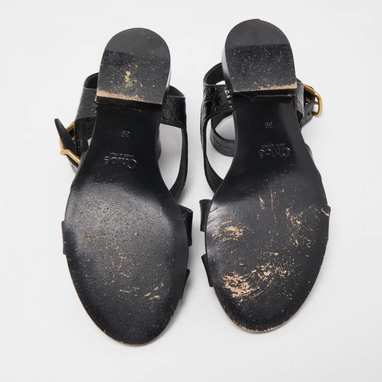 Pre Owned Chloe Black Croc Embossed and Leather Ankle Strap Flats Size 39