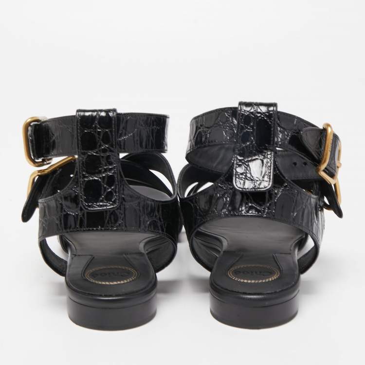 Pre Owned Chloe Black Croc Embossed and Leather Ankle Strap Flats Size 39
