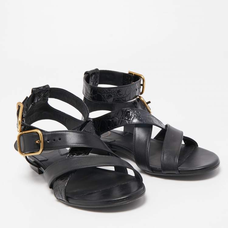 Pre Owned Chloe Black Croc Embossed and Leather Ankle Strap Flats Size 39