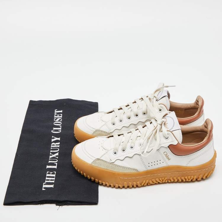 مملوكة مسبقًا Chloe White/Brown Leather and Suede Frankie Sneakers Size 36