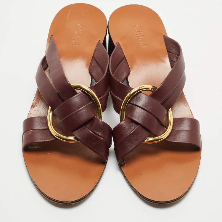 Pre Owned Chloe Burgundy Leather Rony Slide Sandals Size 39