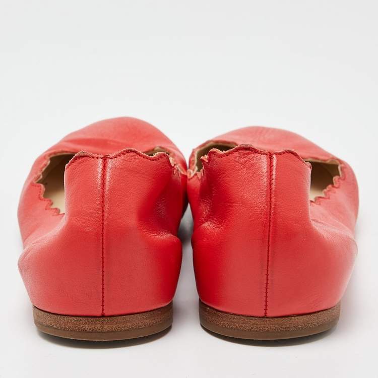 Pre Owned Chloé Red Leather Lauren Scalloped Ballet Flats Size 38