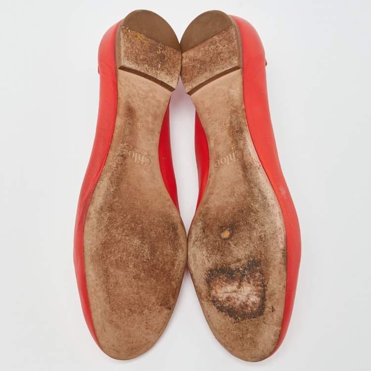 Pre Owned Chloé Red Leather Lauren Scalloped Ballet Flats Size 38