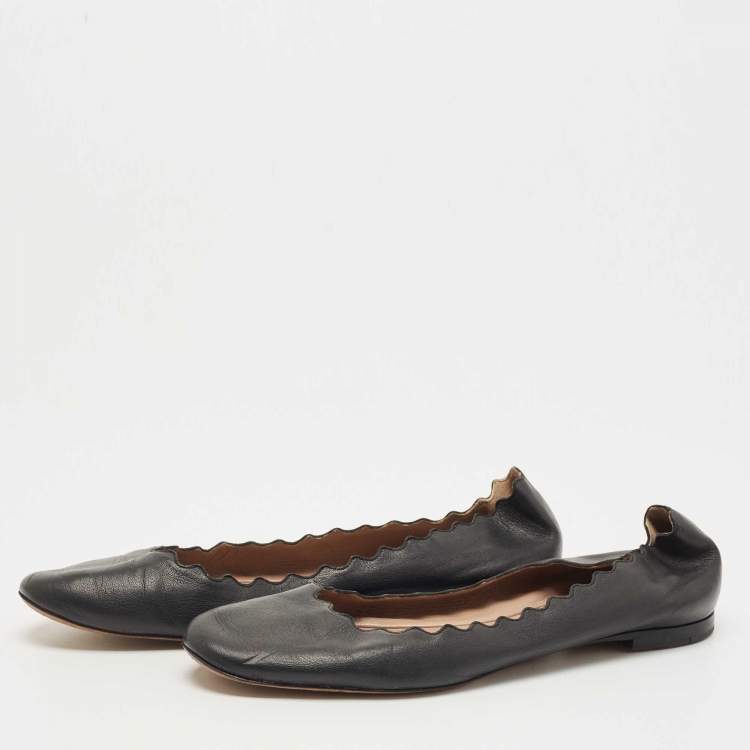 Pre Owned Chloe Black Leather Scalloped Ballet Flats Size 38.5