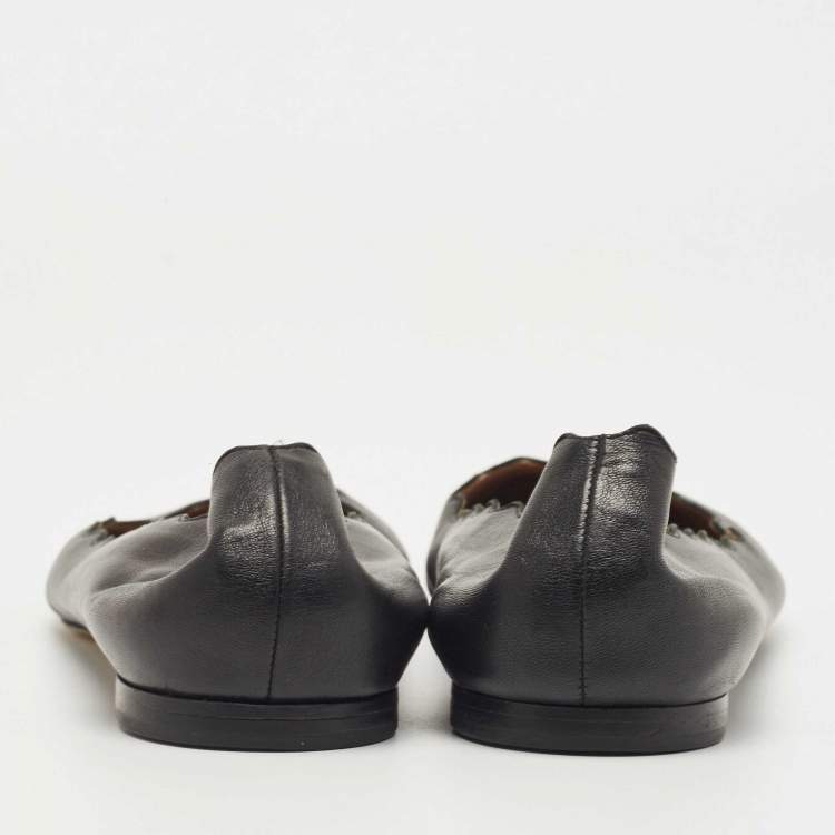 Pre Owned Chloe Black Leather Scalloped Ballet Flats Size 38.5
