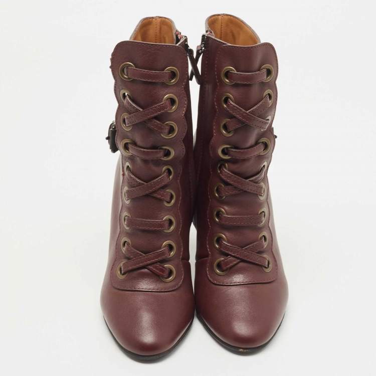 Pre Owned Chloe Burgundy Leather Buckle Detail Lace Up Ankle Booties Size 36