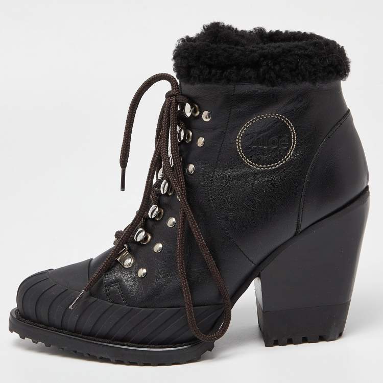 Pre Owned Chloe Black Leather Lace Up Ankle Booties Size 39