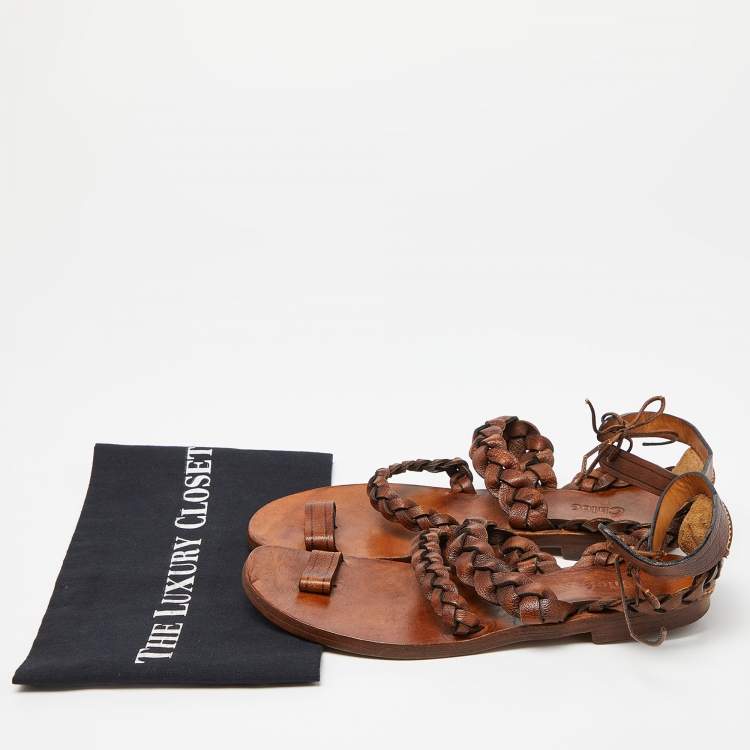 مملوكة مسبقًا Chloe Brown Braided Leather Ankle Tie Flat Sandals Size 39
