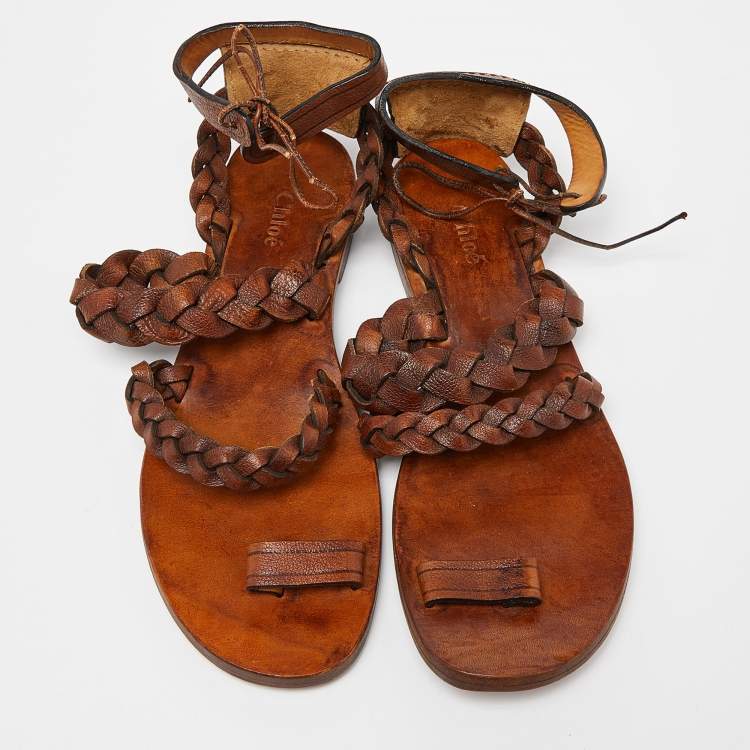 مملوكة مسبقًا Chloe Brown Braided Leather Ankle Tie Flat Sandals Size 39