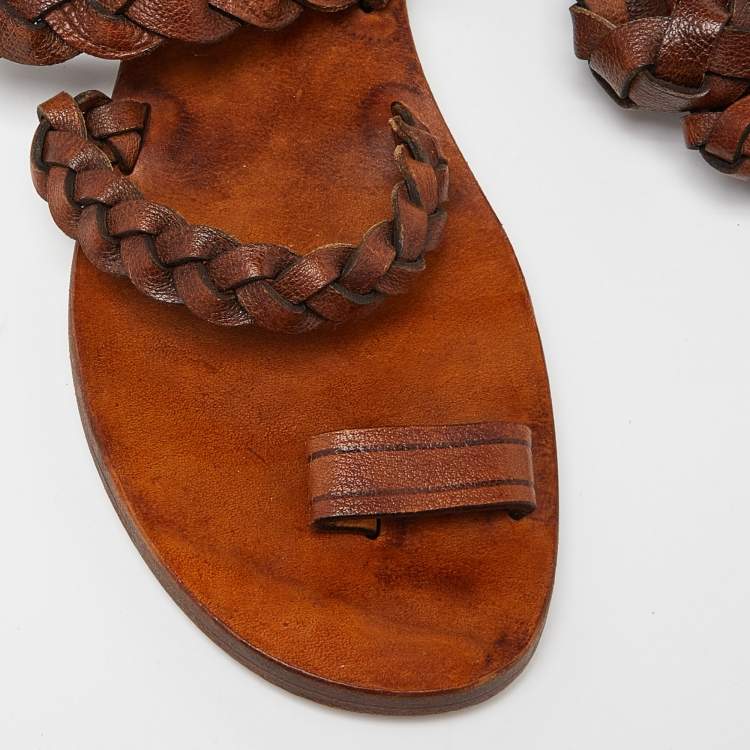مملوكة مسبقًا Chloe Brown Braided Leather Ankle Tie Flat Sandals Size 39
