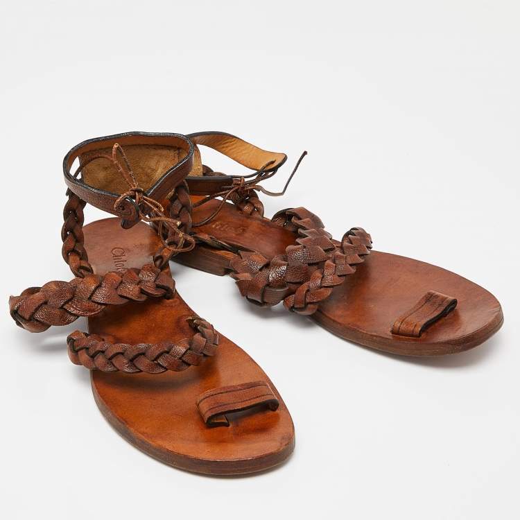 مملوكة مسبقًا Chloe Brown Braided Leather Ankle Tie Flat Sandals Size 39