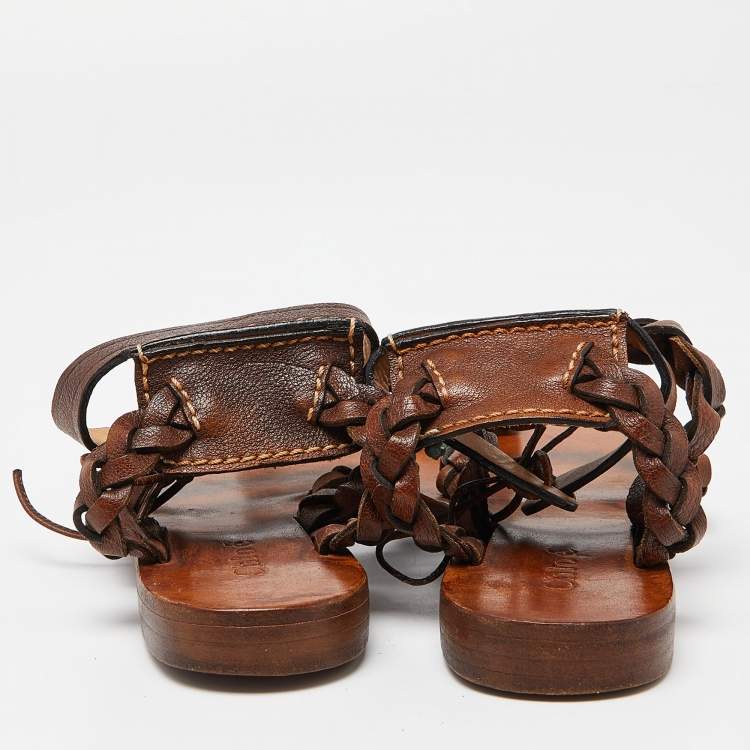 مملوكة مسبقًا Chloe Brown Braided Leather Ankle Tie Flat Sandals Size 39