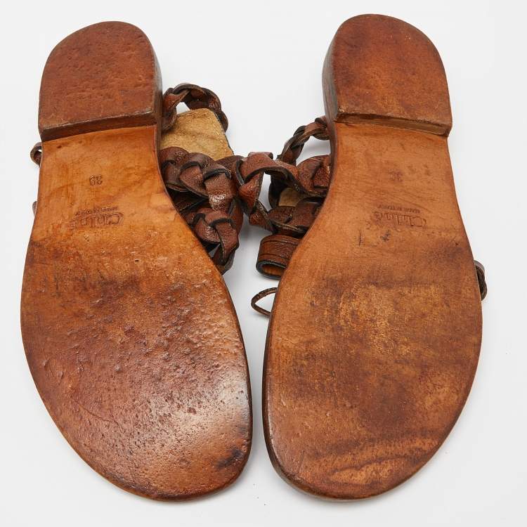 مملوكة مسبقًا Chloe Brown Braided Leather Ankle Tie Flat Sandals Size 39