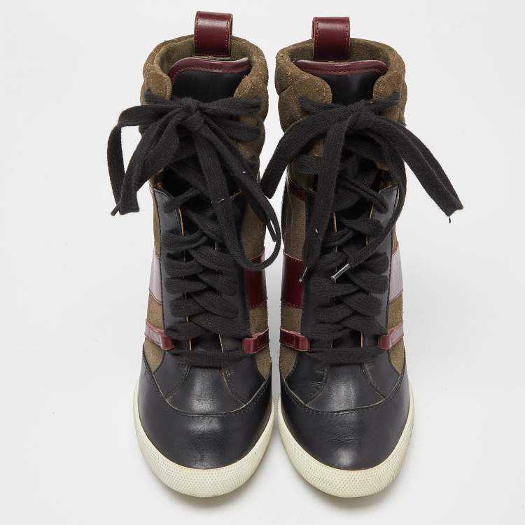Pre Owned Chloe Tricolor Leather and Quilted Suede Wedge Sneaker Boots Size 37
