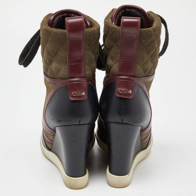 Pre Owned Chloe Tricolor Leather and Quilted Suede Wedge Sneaker Boots Size 37