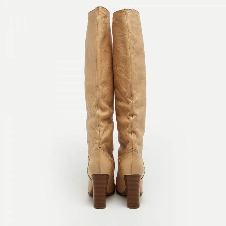 Pre Owned Chloe Beige Leather Knee Length Boots Size 38