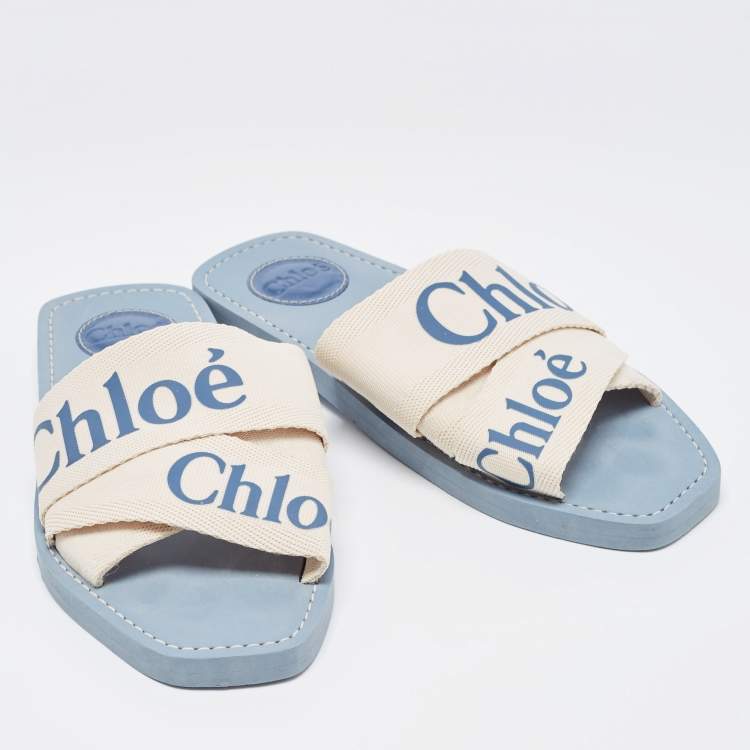 Pre Owned Chloe White/Blue Logo Canvas Woody Slides Size 37