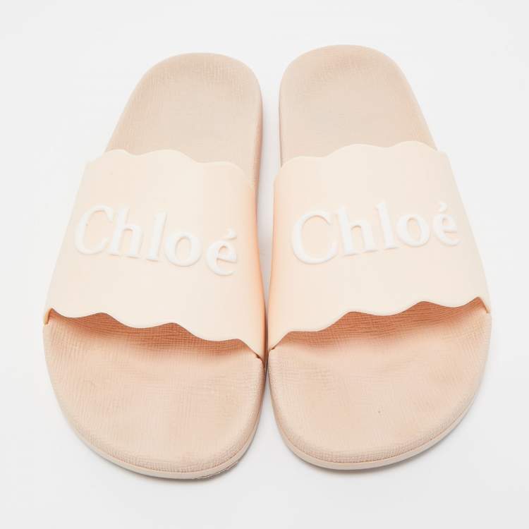 Pre Owned CHLOÉ Pink Rubber Scalloped Accent Flat Slides Size 38