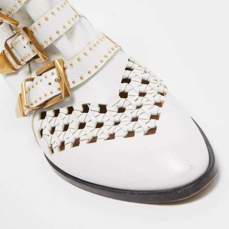 Pre Owned Chloe White Leather Cutout Studded Susanna Boots Size 40