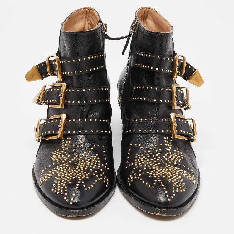 Pre Owned Chloe Black Studded Leather Ankle Boots Size 39