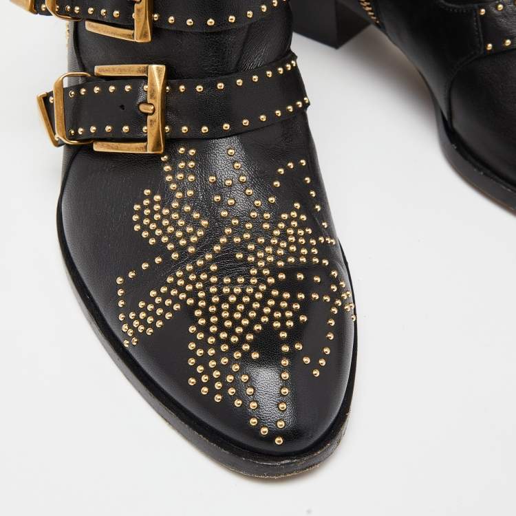Pre Owned Chloe Black Studded Leather Ankle Boots Size 39