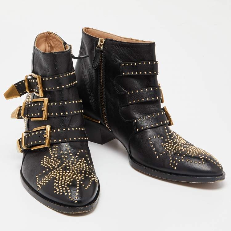 Pre Owned Chloe Black Studded Leather Ankle Boots Size 39