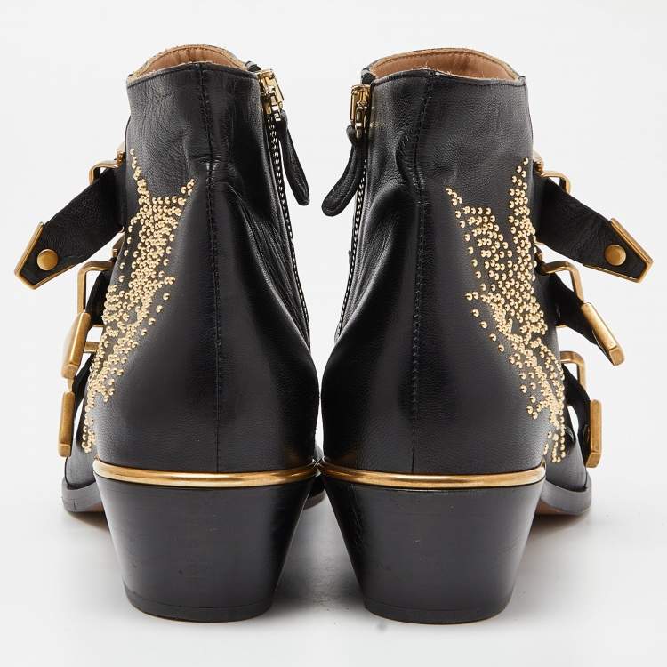 Pre Owned Chloe Black Studded Leather Ankle Boots Size 39