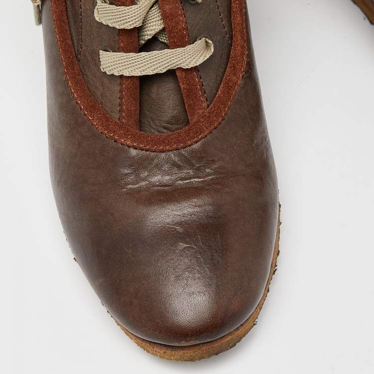 Pre Owned Chloe Brown Leather and Knit Fabric Wedge Ankle Boots Size 39