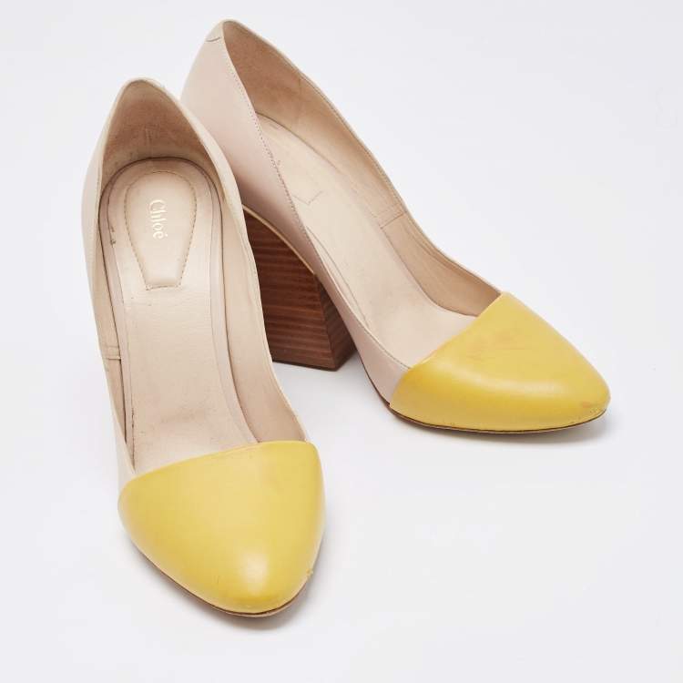Pre Owned Chloe Two Tone Leather Wooden Block Heel Pumps Size 37.5
