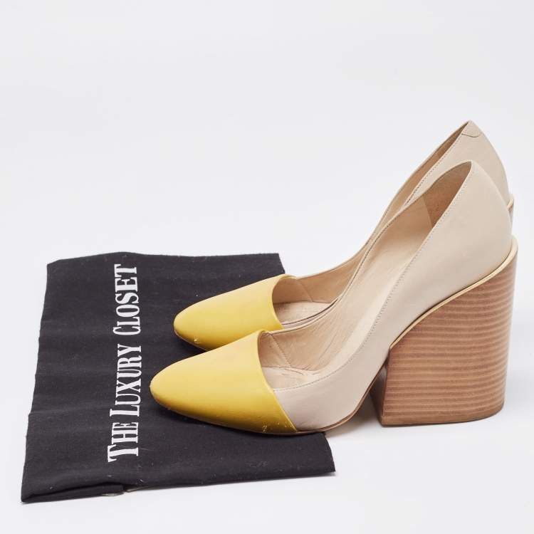 Pre Owned Chloe Two Tone Leather Wooden Block Heel Pumps Size 37.5