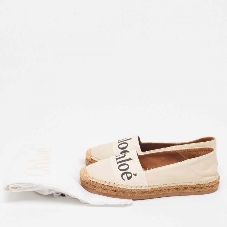 Pre Owned Chloe Cream Leather and Logo Canvas Woody Espadrille Flats Size 37