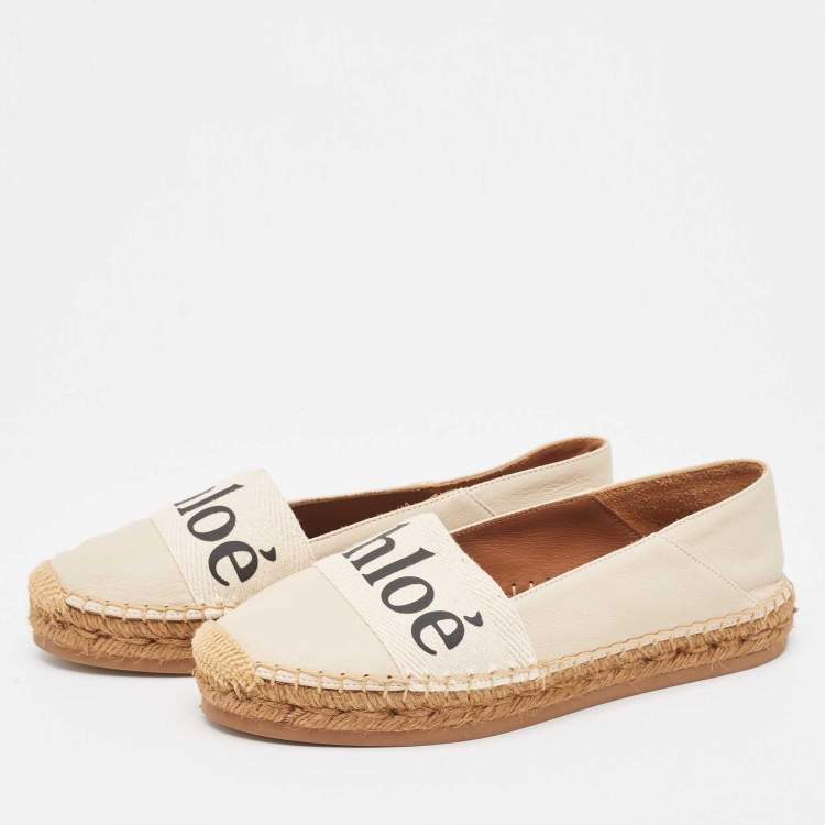 Pre Owned Chloe Cream Leather and Logo Canvas Woody Espadrille Flats Size 37