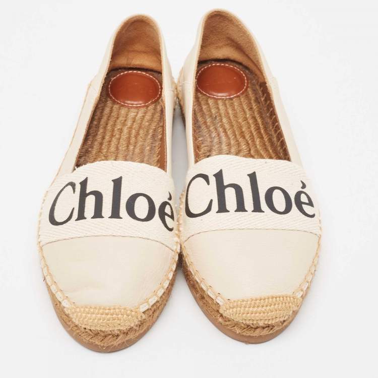 Pre Owned Chloe Cream Leather and Logo Canvas Woody Espadrille Flats Size 37